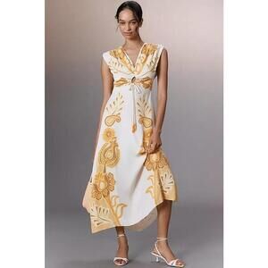 Farm Rio V-Neck Paisley O Ring A-Line Maxi Dress Sleeveless Size S Yellow Ivory